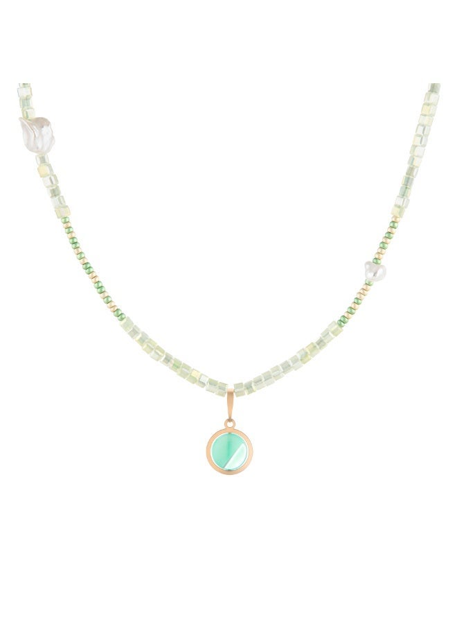 Minza “Green Land” Women’s Necklace, Pure 18K Gold & Czech Beads, Pearl & Shell Stone, Handmade Necklace for Women, Beaded Necklace, Jewelry for Casual & Special Occasion - Image 2
