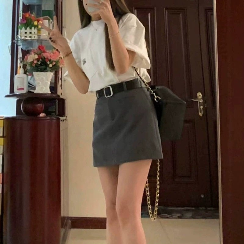 A- Line Skirt Hip Skirt Summer Anti-Light Skirt Skirt Female Girl High Waist Slim Vintage 2023 Gray - Image 4