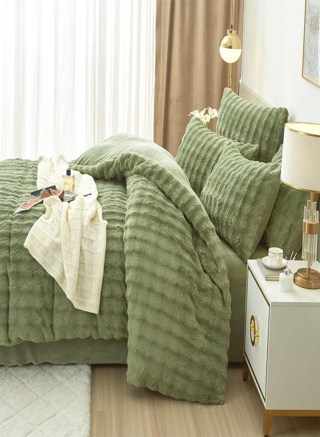 YASMENG Fluffy Faux Rabbit Fur Duvet Cover Set Queen Size Sage Green, Luxury Soft Plush Shaggy Comforter Cover for Cold Winter Spring Fall, 3pcs Girls Velvet Fuzzy Furry Bedding Sets Green - Image 4