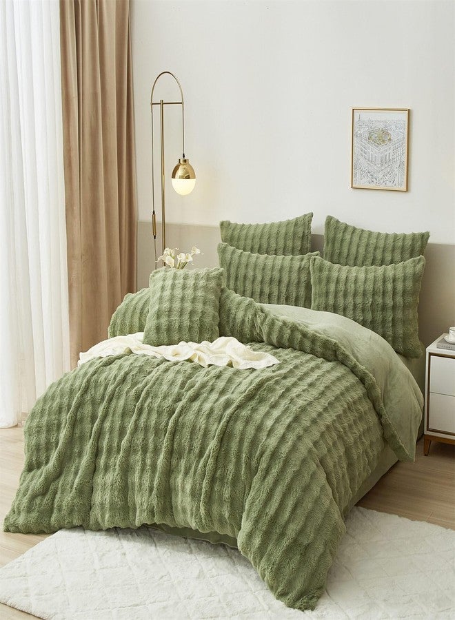 YASMENG Fluffy Faux Rabbit Fur Duvet Cover Set Queen Size Sage Green, Luxury Soft Plush Shaggy Comforter Cover for Cold Winter Spring Fall, 3pcs Girls Velvet Fuzzy Furry Bedding Sets Green - Image 3