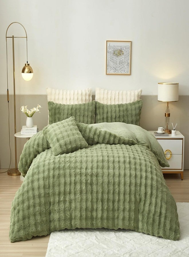 YASMENG Fluffy Faux Rabbit Fur Duvet Cover Set Queen Size Sage Green, Luxury Soft Plush Shaggy Comforter Cover for Cold Winter Spring Fall, 3pcs Girls Velvet Fuzzy Furry Bedding Sets Green - Image 2