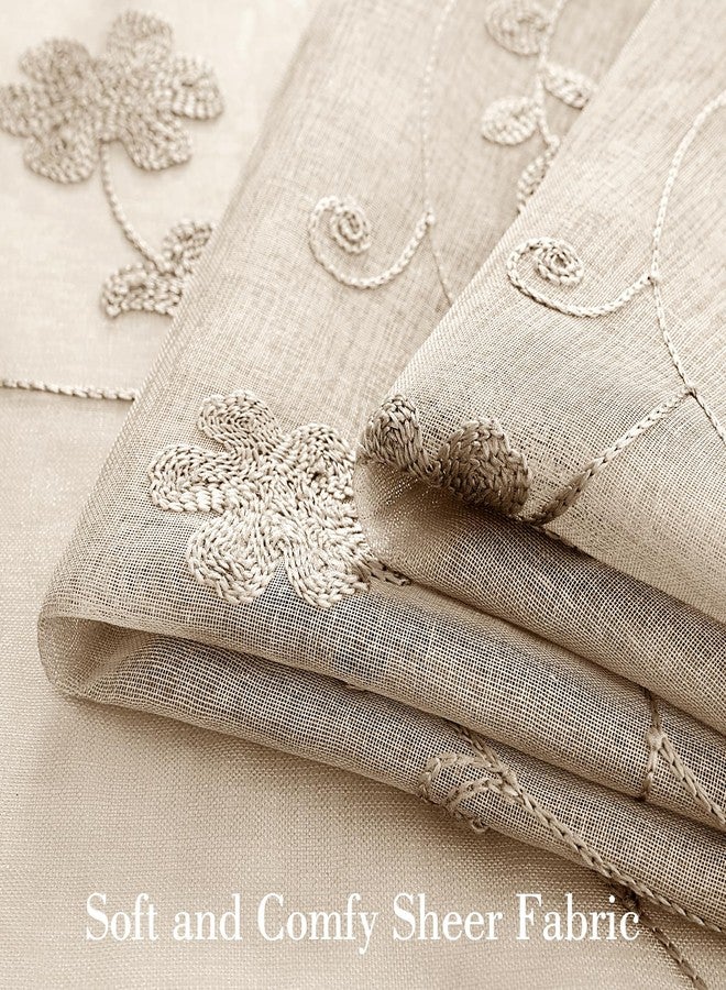 HOMEIDEAS Taupe Sheer Curtains 96 Inches Long 2 Panels Beige Embroidered Floral Sheer Pattern Curtains Semi Sheer Window Curtains for Bedroom Living Room - Image 3