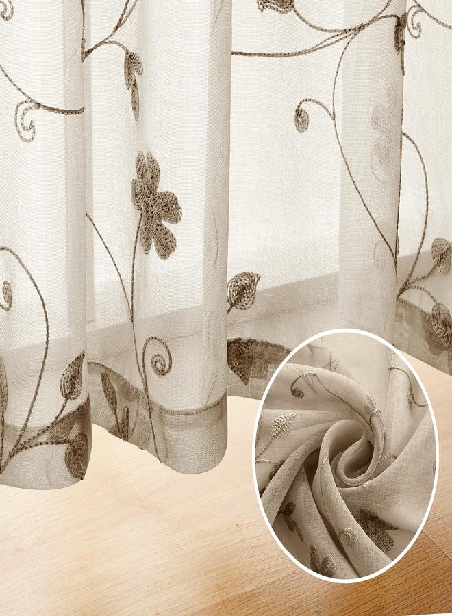 HOMEIDEAS Taupe Sheer Curtains 96 Inches Long 2 Panels Beige Embroidered Floral Sheer Pattern Curtains Semi Sheer Window Curtains for Bedroom Living Room - Image 5