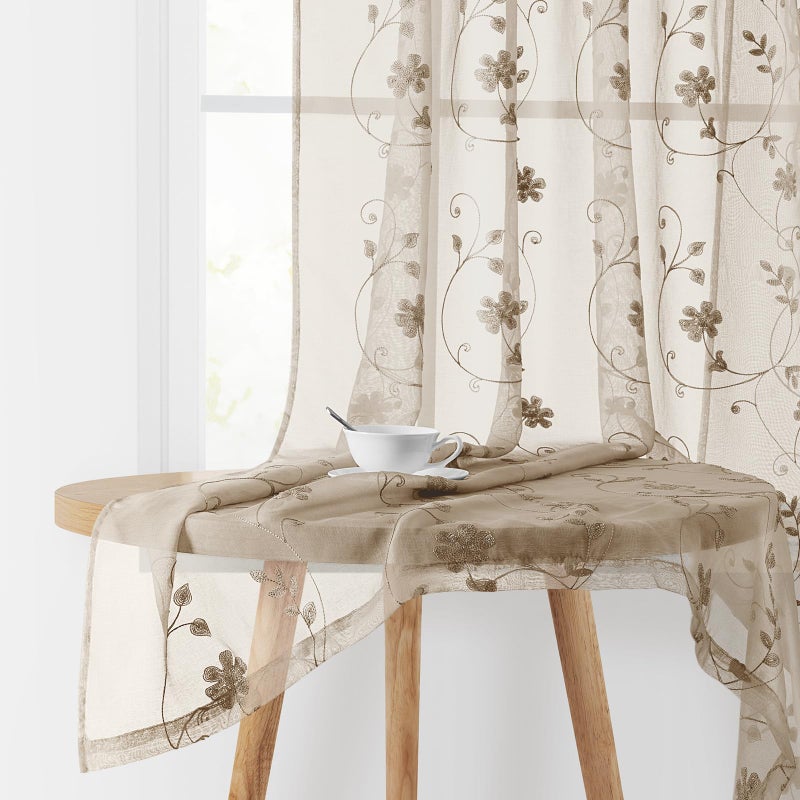 HOMEIDEAS Taupe Sheer Curtains 96 Inches Long 2 Panels Beige Embroidered Floral Sheer Pattern Curtains Semi Sheer Window Curtains for Bedroom Living Room - Image 1