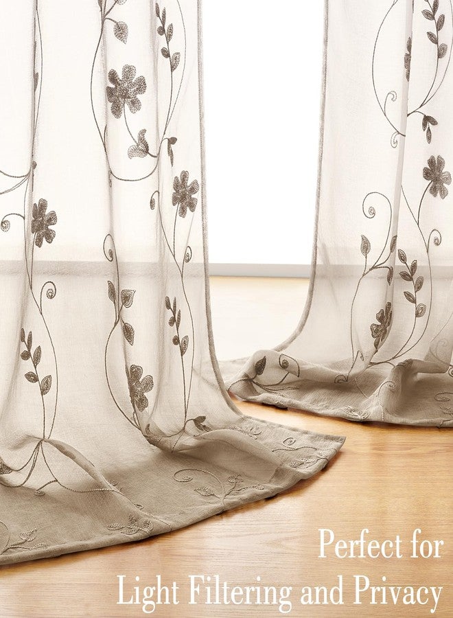 HOMEIDEAS Taupe Sheer Curtains 96 Inches Long 2 Panels Beige Embroidered Floral Sheer Pattern Curtains Semi Sheer Window Curtains for Bedroom Living Room - Image 2