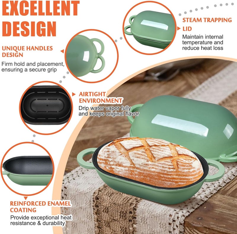 NSIRONS Enameled Cast Iron Sourdough Bread Oven, 5 QT Loaf Cast Iron Bread Pan with Lid, Oval Dutch Oven for Homemade Bread Baking, Meatloaf Pan with Lid (Fig Green) - Image 4