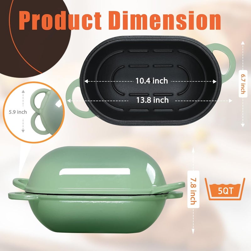NSIRONS Enameled Cast Iron Sourdough Bread Oven, 5 QT Loaf Cast Iron Bread Pan with Lid, Oval Dutch Oven for Homemade Bread Baking, Meatloaf Pan with Lid (Fig Green) - Image 3