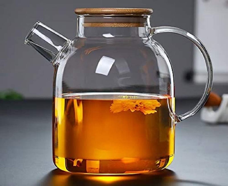 ROSEFINCH Glass Teapot with Wooden Lid Carafes Pitchers with Bamboo Lid 1800ml Loose Leaf Tea Filter Spout Natural Flowering Tea Gift SetGreen Tea Pot Clear - Image 1