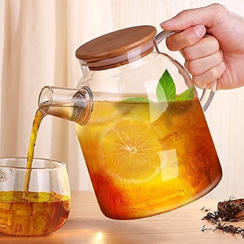 ROSEFINCH Glass Teapot with Wooden Lid Carafes Pitchers with Bamboo Lid 1800ml Loose Leaf Tea Filter Spout Natural Flowering Tea Gift SetGreen Tea Pot Clear - Image 2