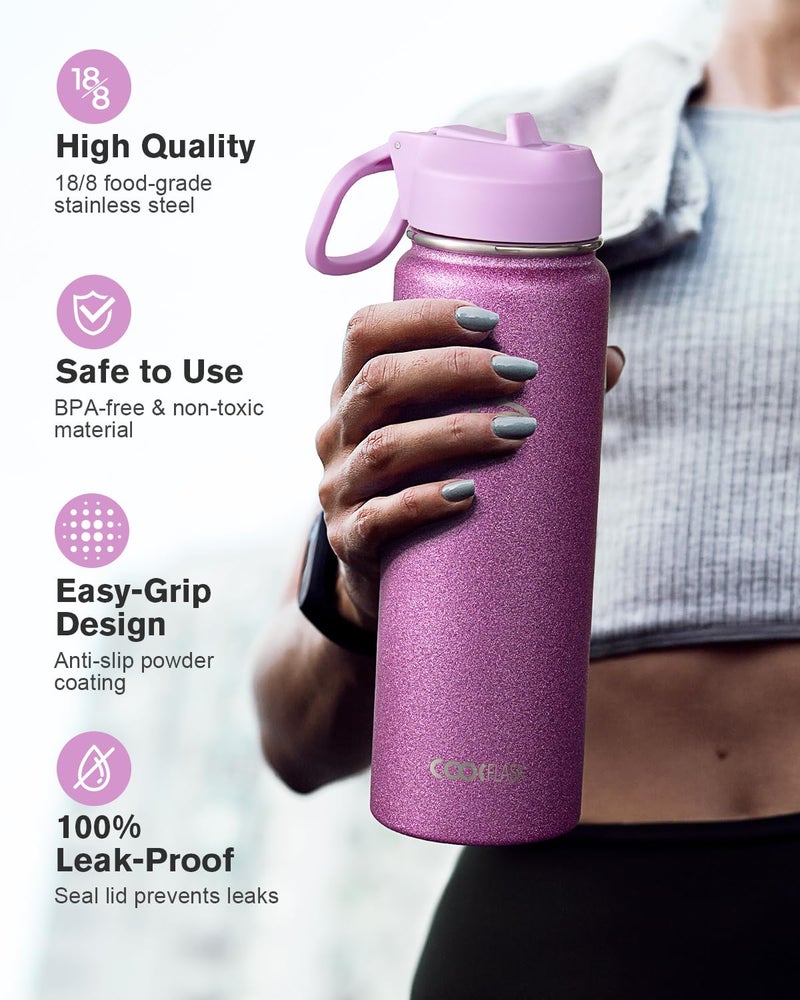 Coolflask Water Bottle 40 oz Insulated with Straw, Stainless Steel Metal 3 Lids Water Flask for Sports or Office, Keep Cold 48H Hot 24H, Glitter Pink - Image 3