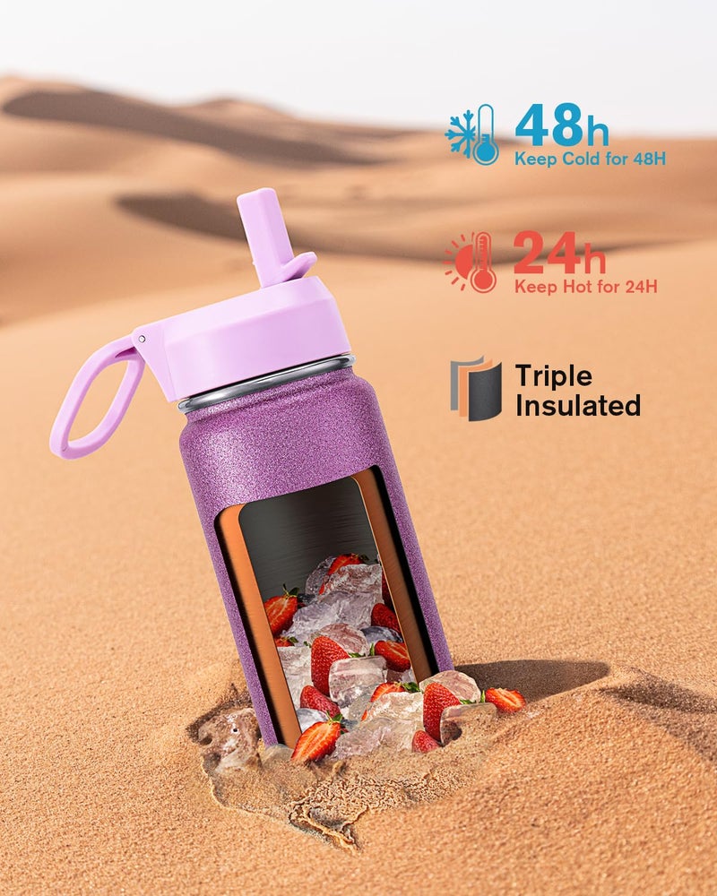 Coolflask Water Bottle 40 oz Insulated with Straw, Stainless Steel Metal 3 Lids Water Flask for Sports or Office, Keep Cold 48H Hot 24H, Glitter Pink - Image 2