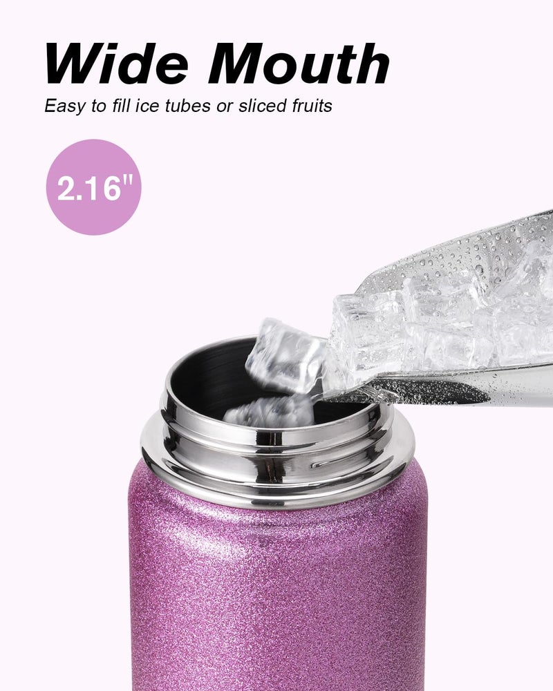 Coolflask Water Bottle 40 oz Insulated with Straw, Stainless Steel Metal 3 Lids Water Flask for Sports or Office, Keep Cold 48H Hot 24H, Glitter Pink - Image 4