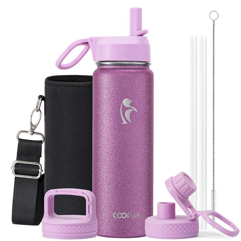 Coolflask Water Bottle 40 oz Insulated with Straw, Stainless Steel Metal 3 Lids Water Flask for Sports or Office, Keep Cold 48H Hot 24H, Glitter Pink - Image 1