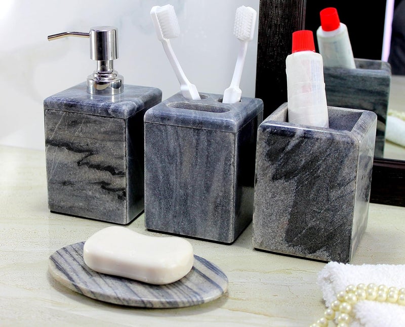 KLEO - Bathroom Accessory Set Natural Black-Gray Stone - Bath Accessories Set of 4 Includes Soap Dispenser, Toothbrush Holder, Tumbler and Soap Dish - Image 5