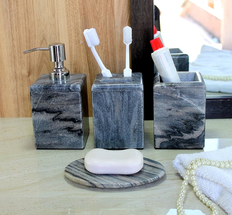 KLEO - Bathroom Accessory Set Natural Black-Gray Stone - Bath Accessories Set of 4 Includes Soap Dispenser, Toothbrush Holder, Tumbler and Soap Dish - Image 1