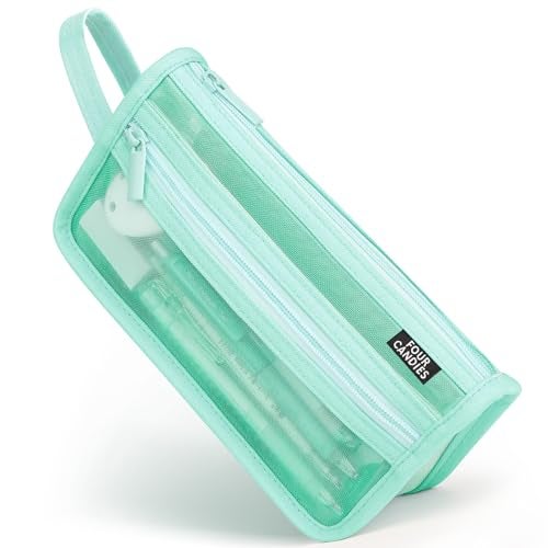 Four Candies Grid Mesh Pencil Case with Handle and Zipper Clear Doublelayer Pencil Pouch Marker Pouch Travel Makeup Bag Cute Transparent Stationary Organizer Pen Bag for Adult Office College