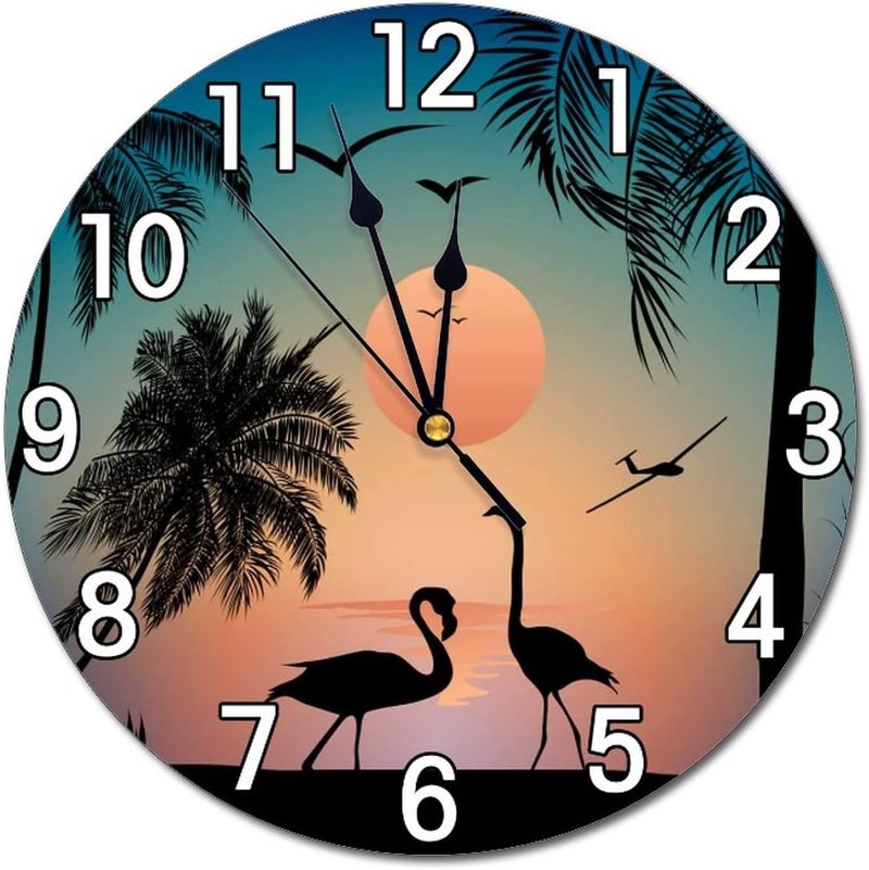 Abucaky Flamingos Walking On The Sea Beach Wall Clock Battery Operated Silent Non Ticking Round Clock Wall Decor for Home Kitchen Living Room 9.8 Inch - Image 1