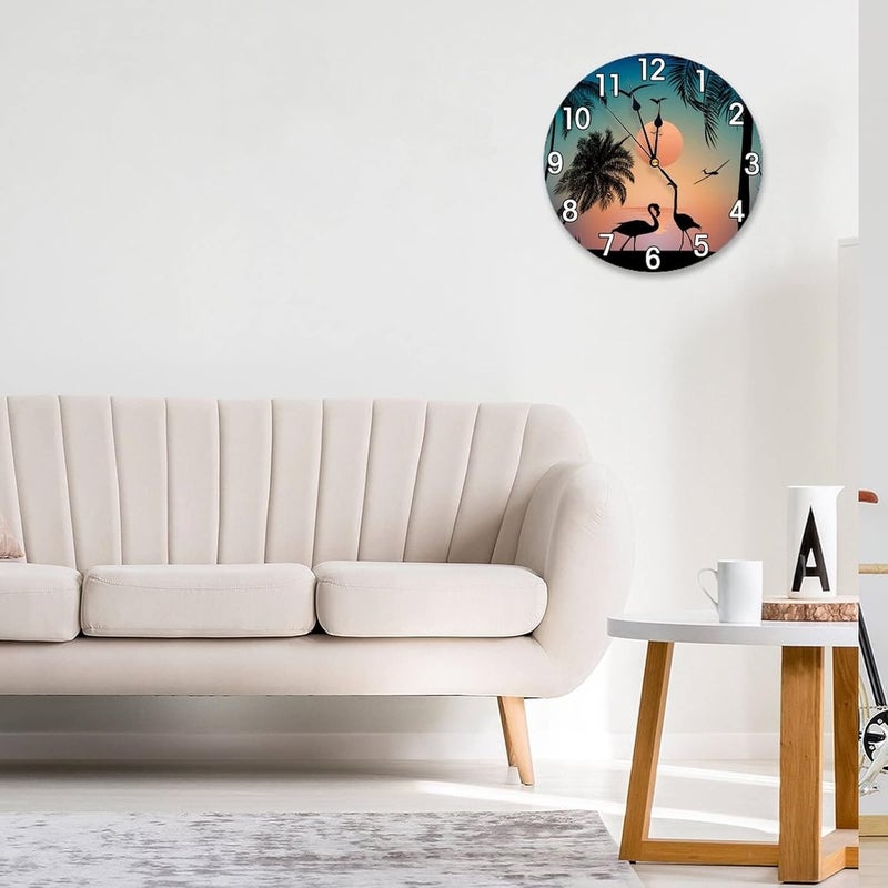 Abucaky Flamingos Walking On The Sea Beach Wall Clock Battery Operated Silent Non Ticking Round Clock Wall Decor for Home Kitchen Living Room 9.8 Inch - Image 4