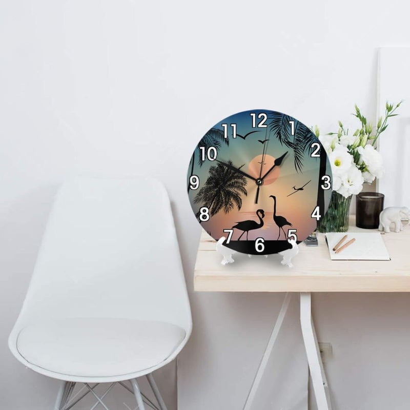 Abucaky Flamingos Walking On The Sea Beach Wall Clock Battery Operated Silent Non Ticking Round Clock Wall Decor for Home Kitchen Living Room 9.8 Inch - Image 2