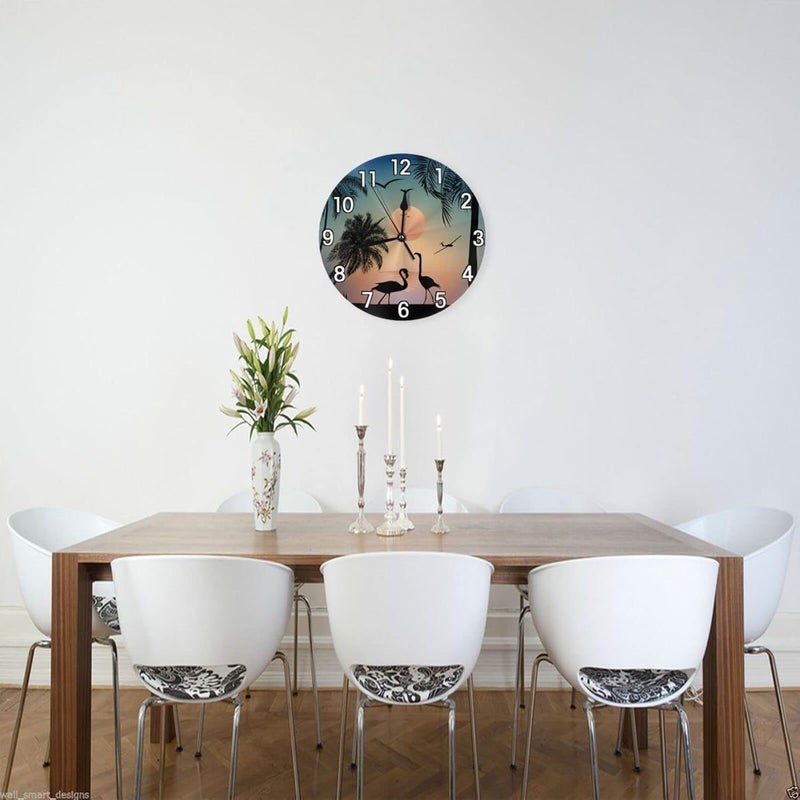 Abucaky Flamingos Walking On The Sea Beach Wall Clock Battery Operated Silent Non Ticking Round Clock Wall Decor for Home Kitchen Living Room 9.8 Inch - Image 3