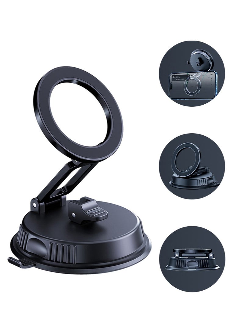 Leon Home Vacuum Magnetic Car Phone Holder - 360° Rotating Foldable Dashboard Suction Cup Holder with N54 Strong Magnet, Universal Smartphone (Black) - Image 1