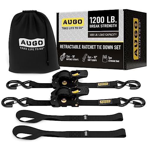 AUGO Retractable Ratchet Straps | 2 Heavy Duty Ratchet Straps Self Retractable Tie Downs with Soft Loops & Storage Bag for Motorcycle, Truck, Trailer, Cargo Van | 1200 Lb Break Strength 1” x 10’ - Image 1
