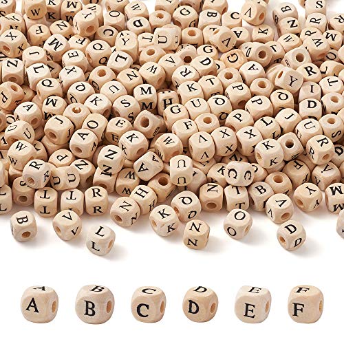 KISSITTY 520pcs/bag Cube Wood Beads with Initial 26 Letters 10mm Natural Square Alphabet Wooden Loose Beads for Jewelry DIY Crafts Making PapayaWhip - Image 1
