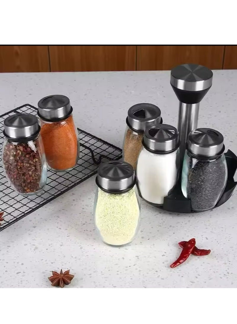 7pcs Spice Jar Set Rack Glass Organizer Rotating Glass Seasoning Sugar Pepper Bottles Salt Shakers Holder Kitchen Storage Rack - Image 2