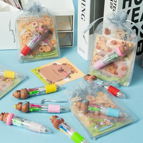 CY2SIDE Capybara Stationery Party Gift - 12 Pack Fun Animal Prizes Set Include 4-in-1 Ballpoint Pens Sticky Note Sticker and Organza Birthday Party Favors Goodie Bag Fillers Stuffer for School Rewards - Image 4