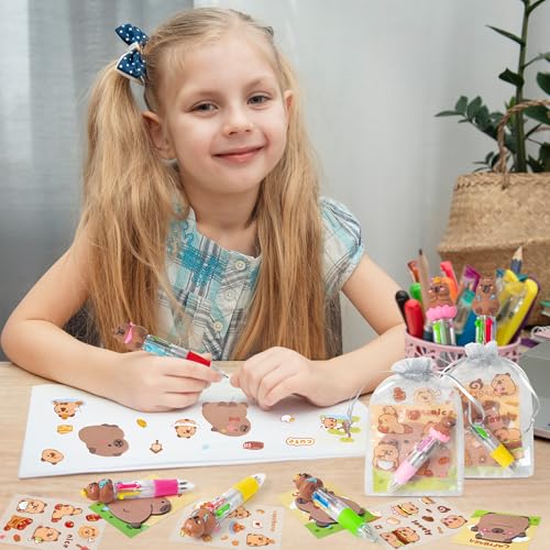 CY2SIDE Capybara Stationery Party Gift - 12 Pack Fun Animal Prizes Set Include 4-in-1 Ballpoint Pens Sticky Note Sticker and Organza Birthday Party Favors Goodie Bag Fillers Stuffer for School Rewards - Image 5