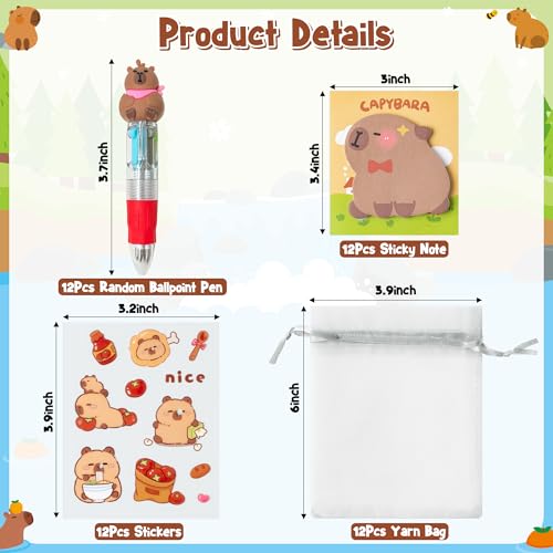 CY2SIDE Capybara Stationery Party Gift - 12 Pack Fun Animal Prizes Set Include 4-in-1 Ballpoint Pens Sticky Note Sticker and Organza Birthday Party Favors Goodie Bag Fillers Stuffer for School Rewards - Image 2
