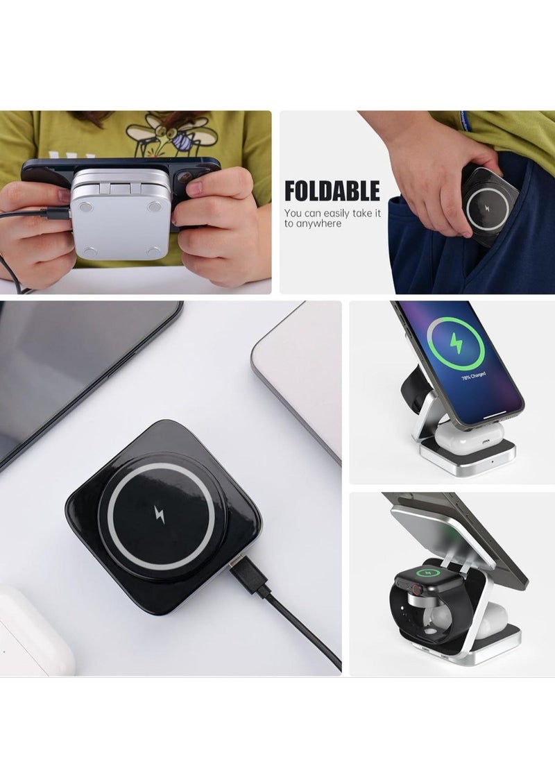 3 in 1 Wireless Magnetic Charging Station Portable Foldable Fast Charging Travel Mobile Phone Holder Black Silver | with Extra Magnetic Ring | New Charger Dock  - Image 3