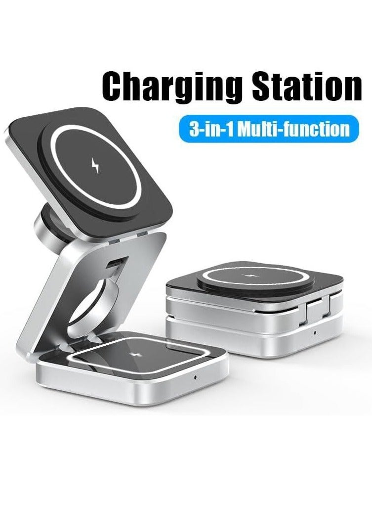 3 in 1 Wireless Magnetic Charging Station Portable Foldable Fast Charging Travel Mobile Phone Holder Black Silver | with Extra Magnetic Ring | New Charger Dock  - Image 4