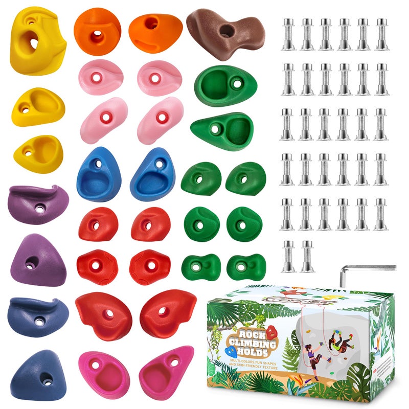 TOPNEW TOPNEW 32 Rock Climbing Holds Multi Size for Kids, Adult Rock Wall Holds Climbing Rock Wall Grips for Indoor and Outdoor Playground Play Set - Includes 2 Inch Mounting Hardware - Image 1