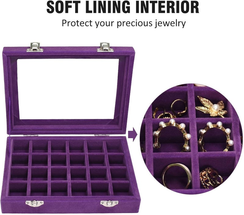 Vicoter Velvet Jewelry Box 24 Grid Jewelry Ring Display Organiser Box Tray Holder Earrings Storage Case for Girls Wife Mom Women (Purple) - Image 3