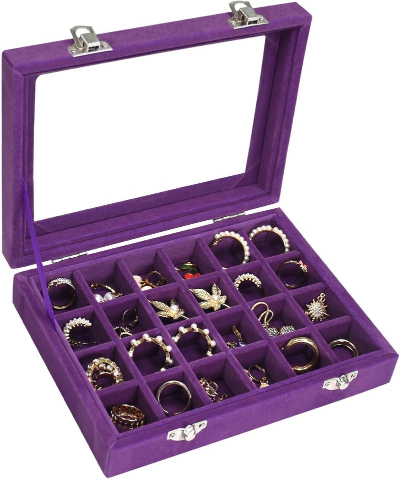 Vicoter Velvet Jewelry Box 24 Grid Jewelry Ring Display Organiser Box Tray Holder Earrings Storage Case for Girls Wife Mom Women (Purple) - Image 1