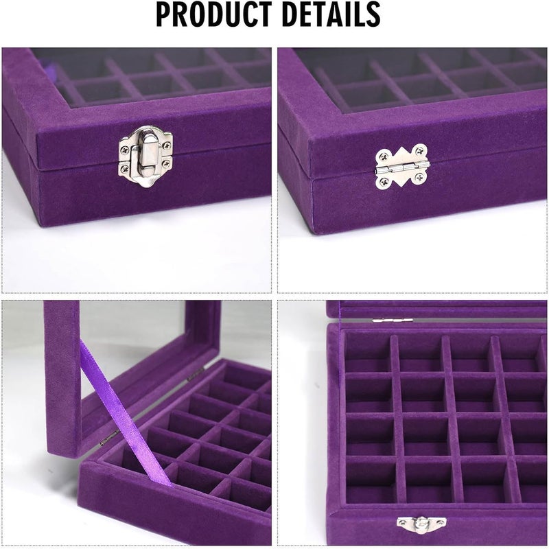 Vicoter Velvet Jewelry Box 24 Grid Jewelry Ring Display Organiser Box Tray Holder Earrings Storage Case for Girls Wife Mom Women (Purple) - Image 4