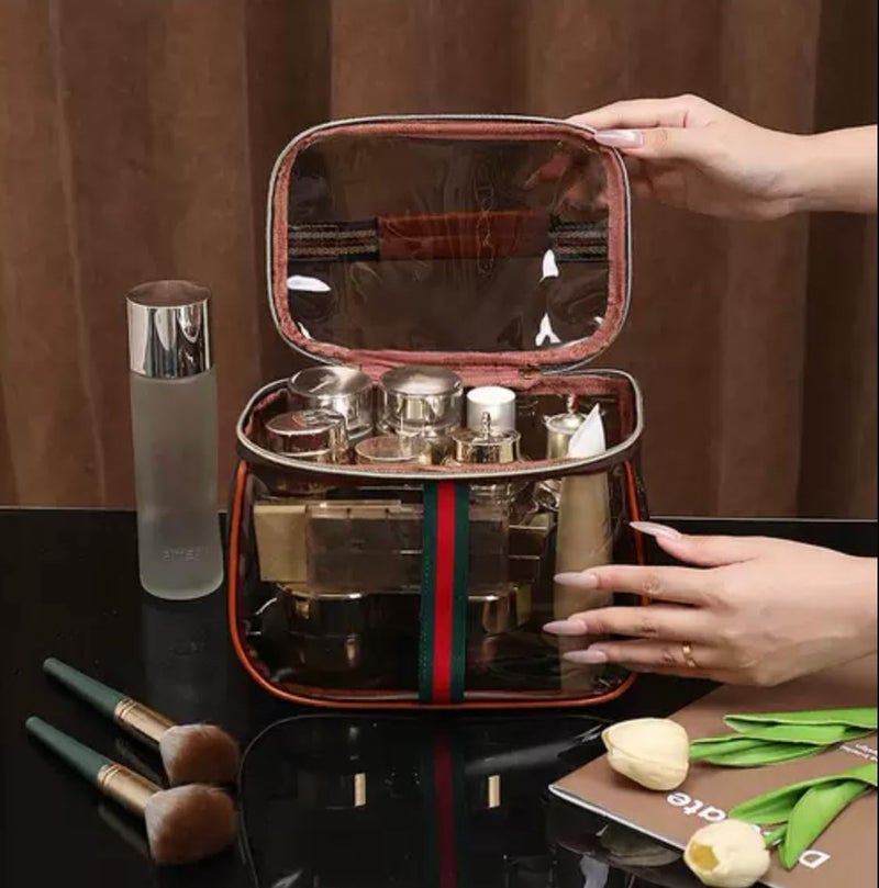 GLOLOOS New Retro Vintage Vanity Bag, Clear Makeup Organizer with Handle,Large Capacity Waterproof Makeup Organizer bag with Zipper,Travel Cosmetic & Skincare Storage Case for Ladies (Coffee) - Image 2