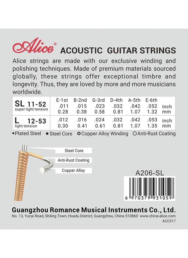 Alice Acoustic Guitar Strings Set - 6-String for Beginner, Briliant Steel Copper Alloy in Phosphor Bronze Color, 3 Packs (A206 Super Light)