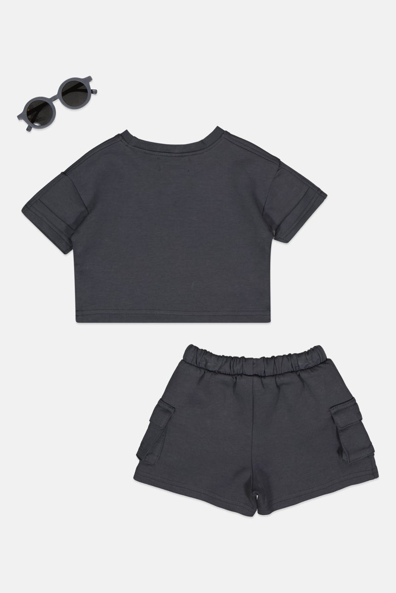 Fudo Toddlers Girl 3Pcs Brand Logo Top And Shorts Set, Charcoal - Image 2