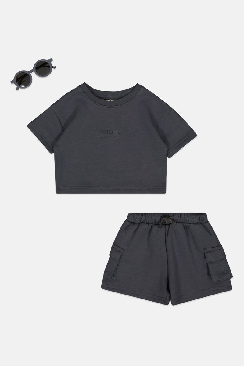 Fudo Toddlers Girl 3Pcs Brand Logo Top And Shorts Set, Charcoal - Image 1
