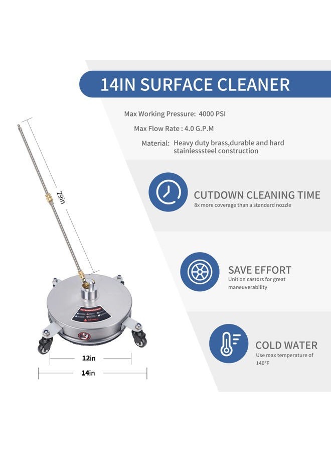 Biswing 14" Pressure Washer Surface Cleaner with 4 Wheels, Stainless Steel Power Washer Accessory for Driveways Sidewalks Patios Cleaning, 1/4" Quick Connector, 2 Extension Wand Attachments, 4000 PSI - Image 2