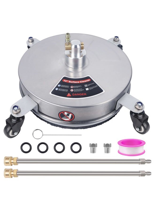 Biswing 14" Pressure Washer Surface Cleaner with 4 Wheels, Stainless Steel Power Washer Accessory for Driveways Sidewalks Patios Cleaning, 1/4" Quick Connector, 2 Extension Wand Attachments, 4000 PSI - Image 1