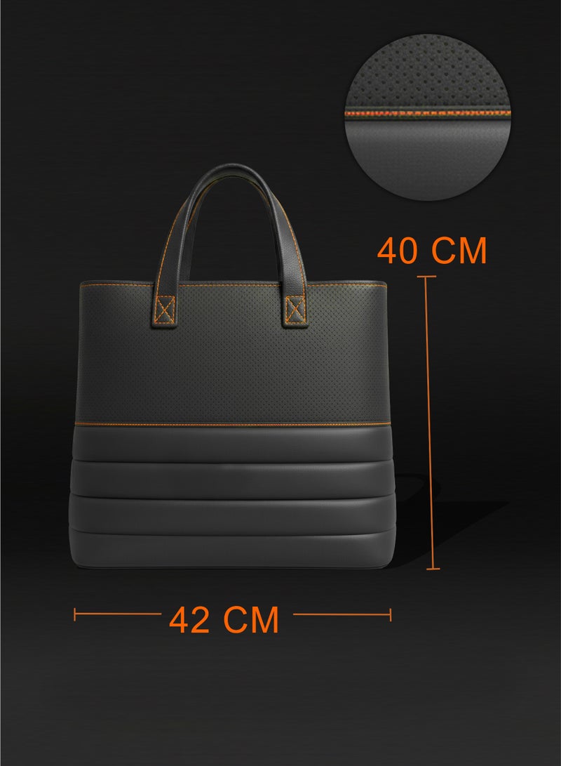 ARTTouch Luxury Tote Bag for Women with Automotive-Inspired Design - Large Work & Everyday Shopper Handbag in High-Quality, Lightweight Leather - Black with Orange Details - Image 4