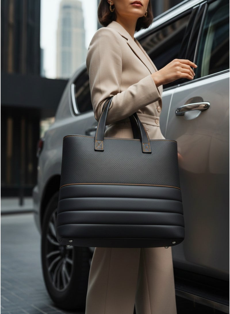 ARTTouch Luxury Tote Bag for Women with Automotive-Inspired Design - Large Work & Everyday Shopper Handbag in High-Quality, Lightweight Leather - Black with Orange Details - Image 5