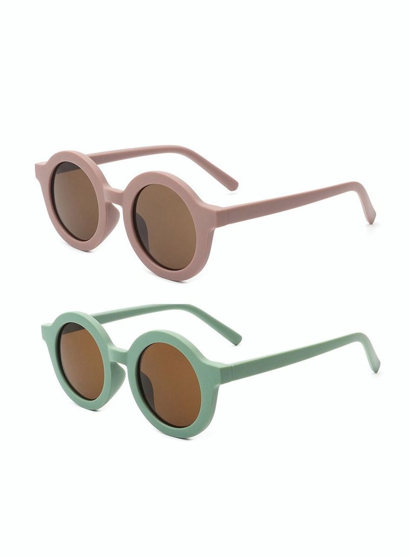 Kids Sunglasses, Retro Cute Round Sunglasses for Kids Girls Boys Sunnies UV400 Protection Sun Glasses, Flexible Frame for Girls Boys Age 2-10 Morandi Sunglasses Fashion Beach Holiday (Green+Deep Pink) - Image 1