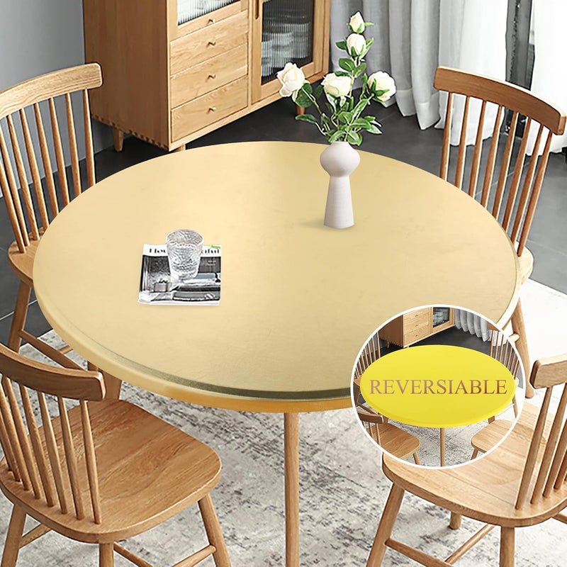 Obstal Fitted Round Table Cloth, Reversible Waterproof Oil Spill Elastic Stretch Tablecloth, Wipe Clean Table Cover for Outdoor/Indoor Use, Fits Round Tables up to 32" - 36" Diameter, Stamping Gold - Image 1