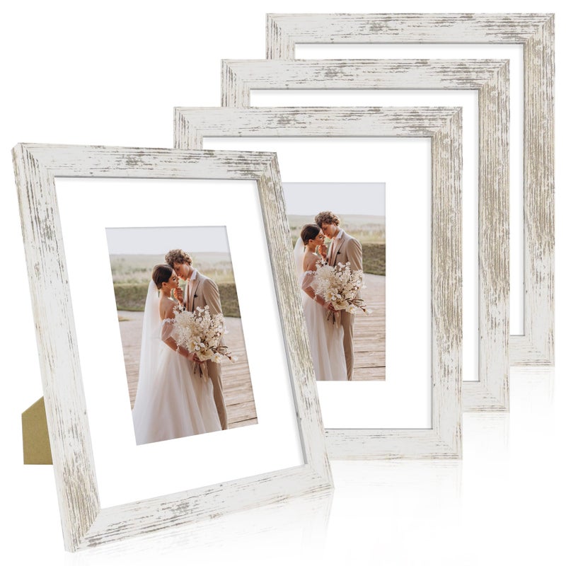 Hongkee 8x10 Picture Frame Set of 4 Made of Real Glass and Distressed White Wooden Frame 8 by 10 Photo for Wall or Tabletop  Display Picture 5x7 with Mat or 8x10 Without Mat