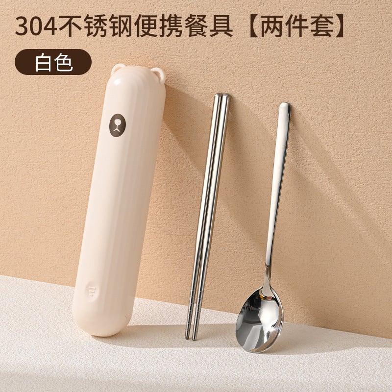 304 Portable Tableware Spoon Fork Chopsticks Suit Storage Box Pull-Out Bear Creative Student Tableware Box Three-Piece Set - Image 1
