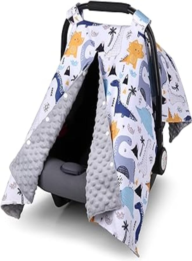 Dinosaur Car Seat Cover for Boys Girls, Rquite Minky Infant Carseat Canopy with Peekaboo Opening, Warm Winter Baby Carrier Covers Nursing Cover